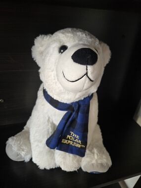 Plush White Polar Bear with Blue Plaid Scarf - The Polar Express